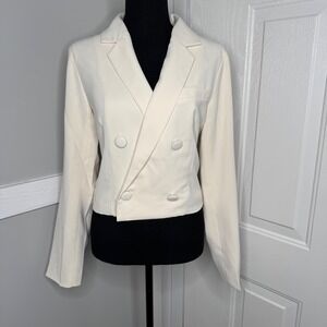 Skies Are Blue Ivory Cropped Blazer Size M Double Breasted‎ Lined Jacket Classi